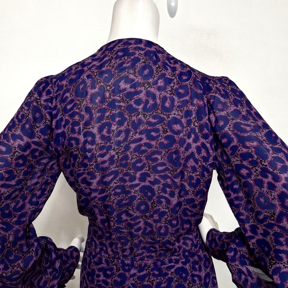 Parker Purple 100% Silk Leopard Print Mobwife Maxamalism Faux Wrap Mini Dress- S - Picture 8 of 15